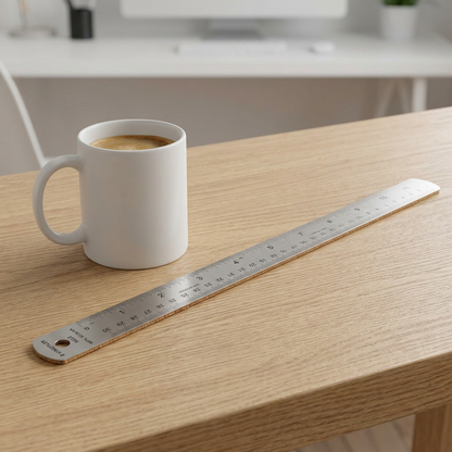 An authentic shot of the 24-inch stainless steel STAEDTLER ruler positioned on a desk alongside a standard coffee mug.