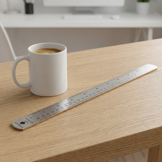 An authentic shot of the 24-inch stainless steel STAEDTLER ruler positioned on a desk alongside a standard coffee mug.