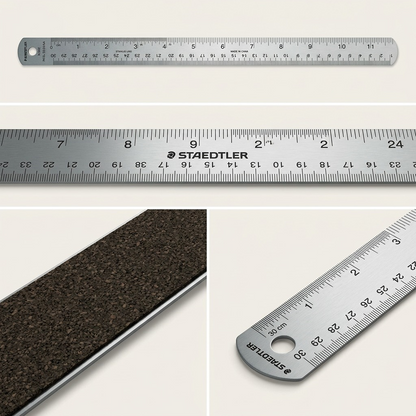 A four-panel product value matrix, with each segment highlighting a distinct angle or specific detail: full length, measurement increments and brand imprint, cork backing, and a close-up of the hanging hole.