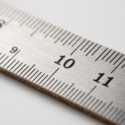 Extreme macro photo focusing on the stainless steel texture and fine black graduation marks of the ruler.