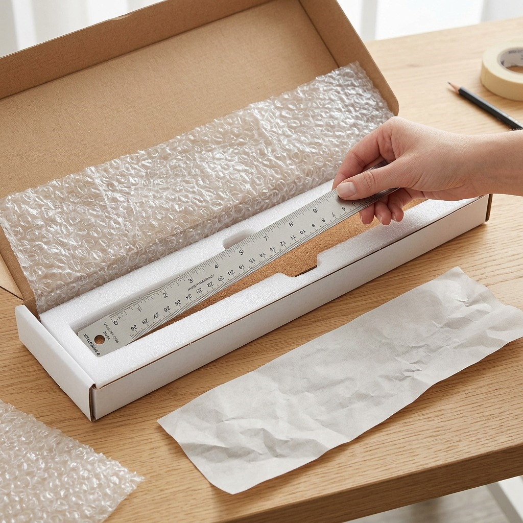 A STAEDTLER cork-back stainless steel ruler is shown being lifted from protective foam and bubble wrap.