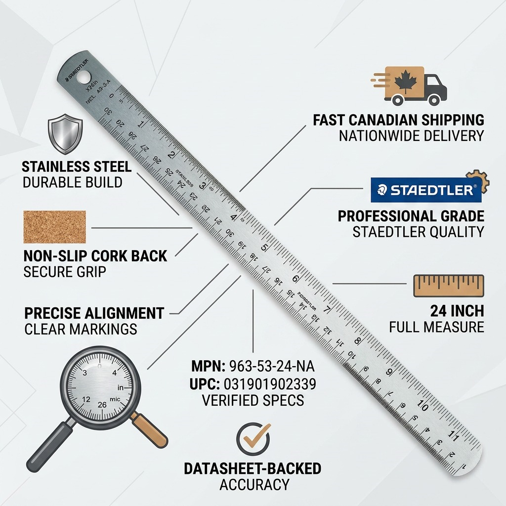 An infographic highlighting the quality, precise measurements, and data-backed specifications of the STAEDTLER 24-inch cork-back ruler.