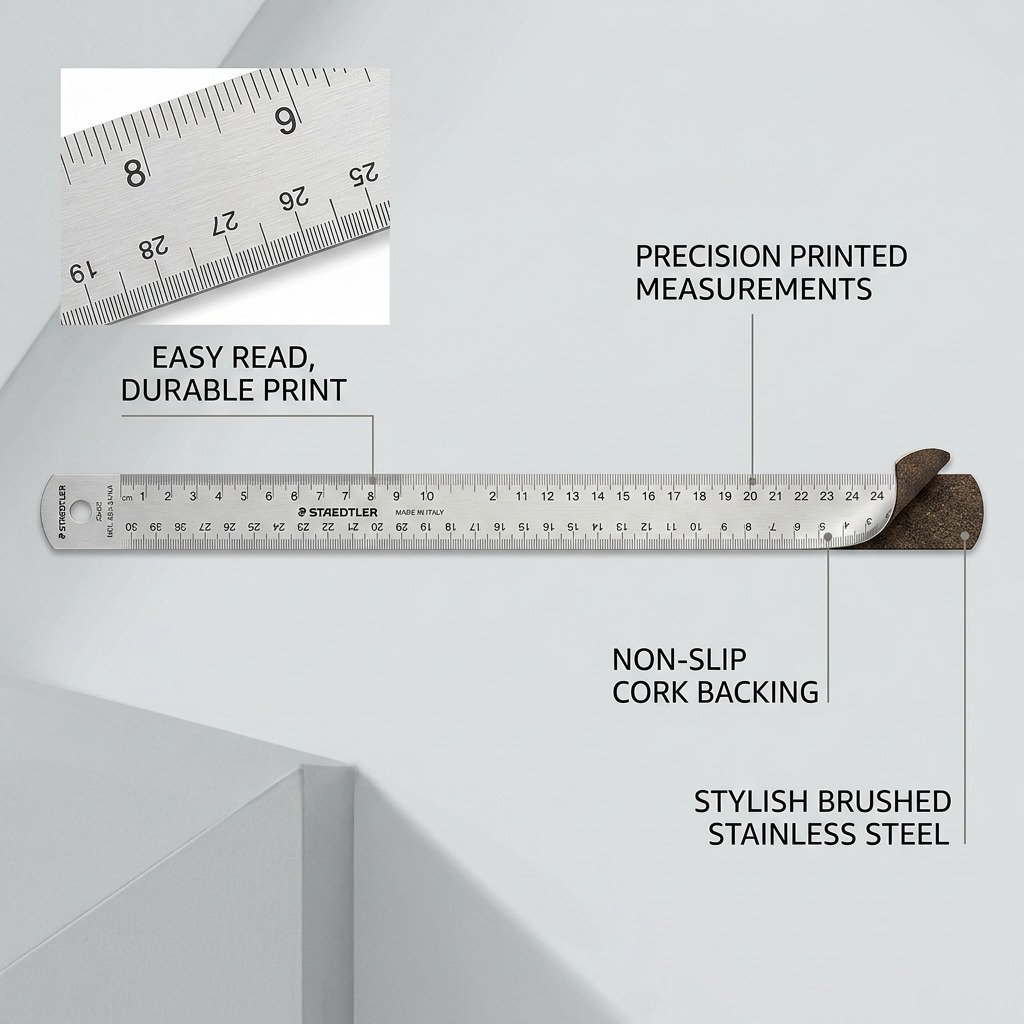 A clean ecommerce feature graphic highlights the key attributes of the STAEDTLER 24'' stainless steel ruler. Concise text and fine pointer lines indicate "Precision Printed Measurements", "Non-Slip Cork Backing", and "Stylish Brushed Stainless Steel". An in-set magnified view details "Easy Read, Durable Print." The product is presented against a neutral architectural backdrop.