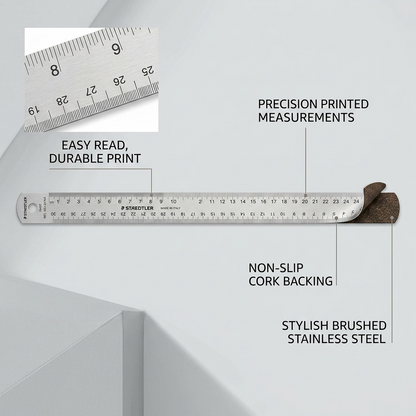 A clean ecommerce feature graphic highlights the key attributes of the STAEDTLER 24'' stainless steel ruler. Concise text and fine pointer lines indicate "Precision Printed Measurements", "Non-Slip Cork Backing", and "Stylish Brushed Stainless Steel". An in-set magnified view details "Easy Read, Durable Print." The product is presented against a neutral architectural backdrop.
