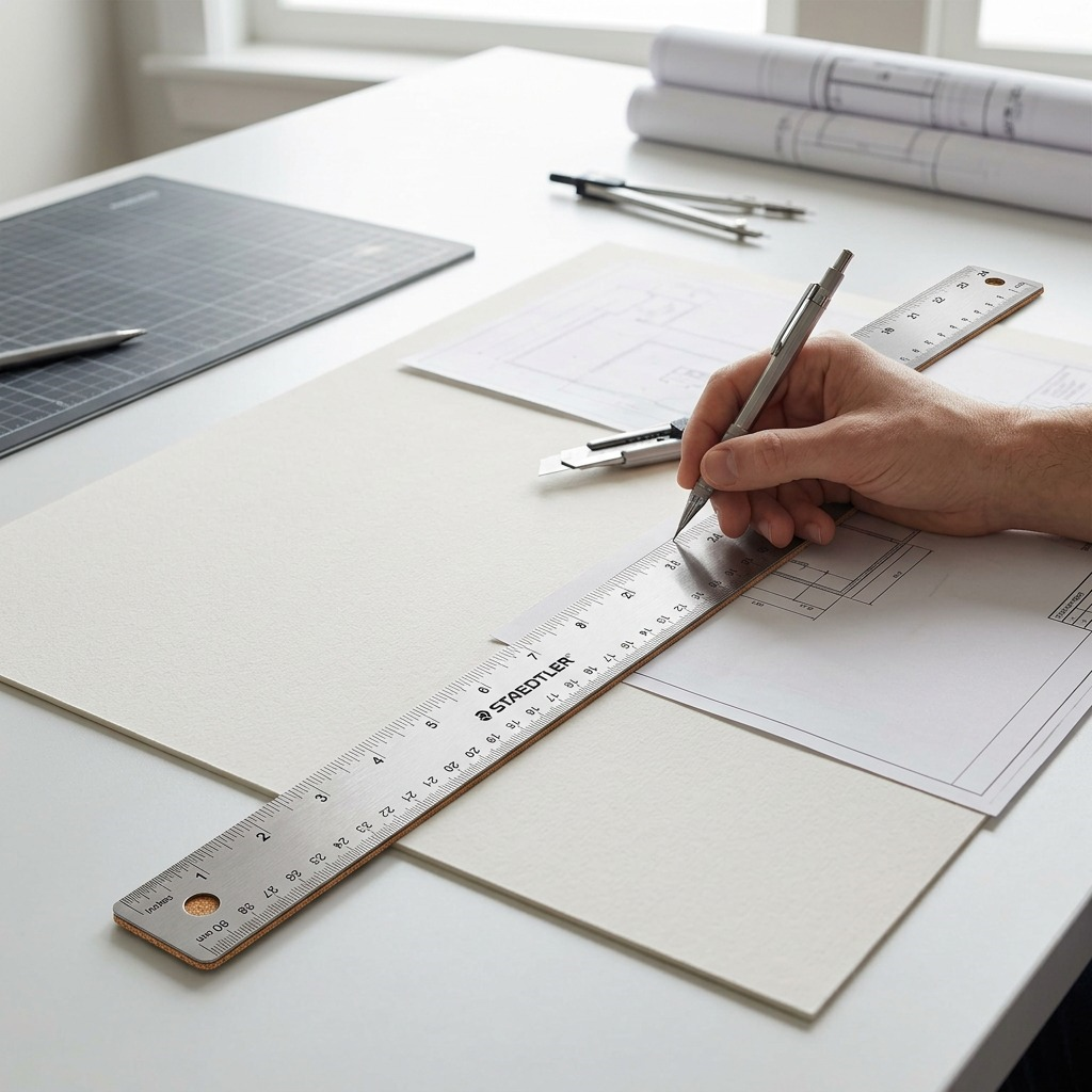 Context shot: the 24" Staedtler stainless steel ruler with cork backing being used on a clean crafting table to measure matte board.