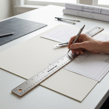 Context shot: the 24" Staedtler stainless steel ruler with cork backing being used on a clean crafting table to measure matte board.