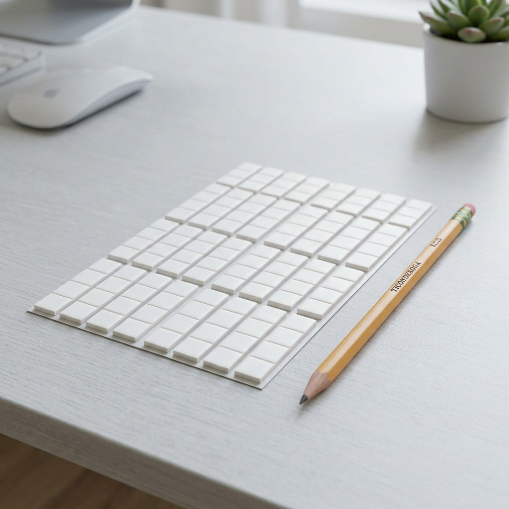 A realistic scale reference photograph placing the UHU Patafix sheet beside a standard pencil on a desk.
