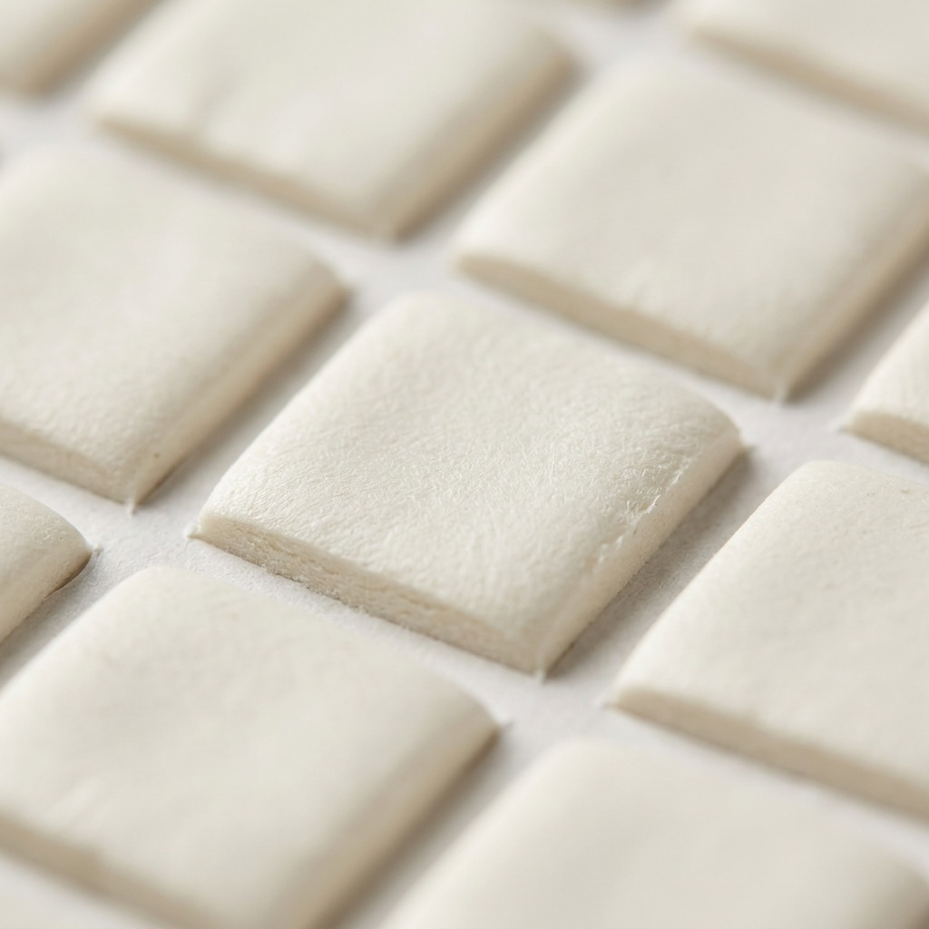 A macro view of pre-cut UHU Patafix squares in an 8x10 grid on paper backing.