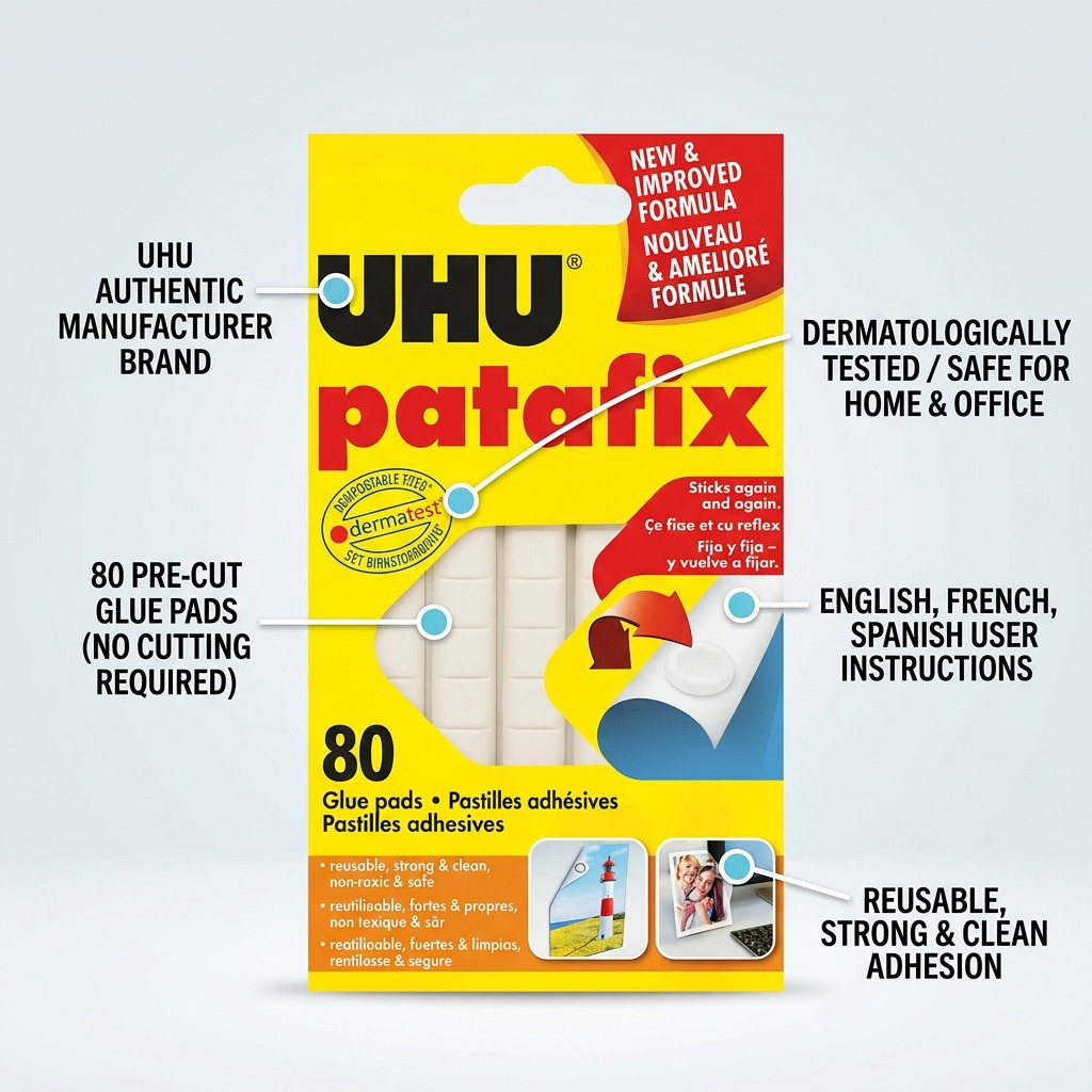 A clean ecommerce feature graphic of UHU Patafix with short feature callout lines.