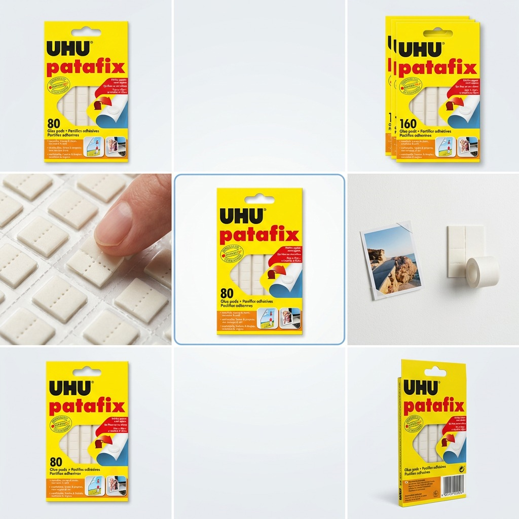 Five-panel matrix showcasing the canonical UHU Patafix pack and four detailed usage and feature blow-ups.
