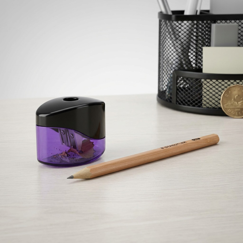 A realistic scale comparison showing one STAEDTLER Oval Mini sharpener and a standard 2H pencil on a desk.