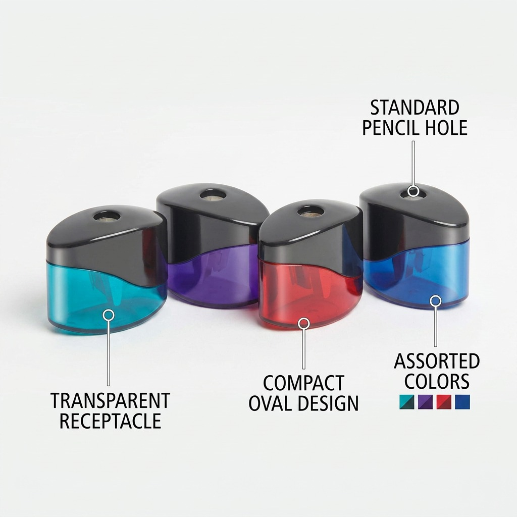 An ecommerce feature-callout image showing the assorted STAEDTLER mini oval sharpeners with clean pointer lines and text explaining the transparent container, compact oval design, and single standard pencil hole.