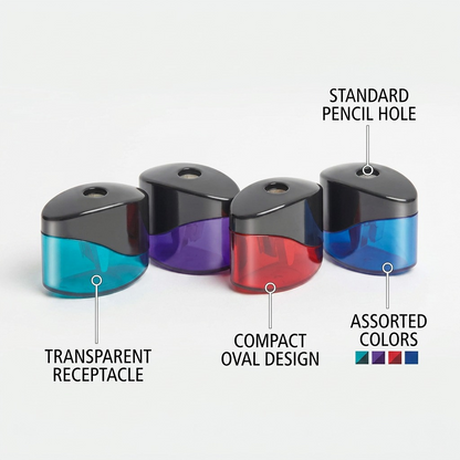 An ecommerce feature-callout image showing the assorted STAEDTLER mini oval sharpeners with clean pointer lines and text explaining the transparent container, compact oval design, and single standard pencil hole.