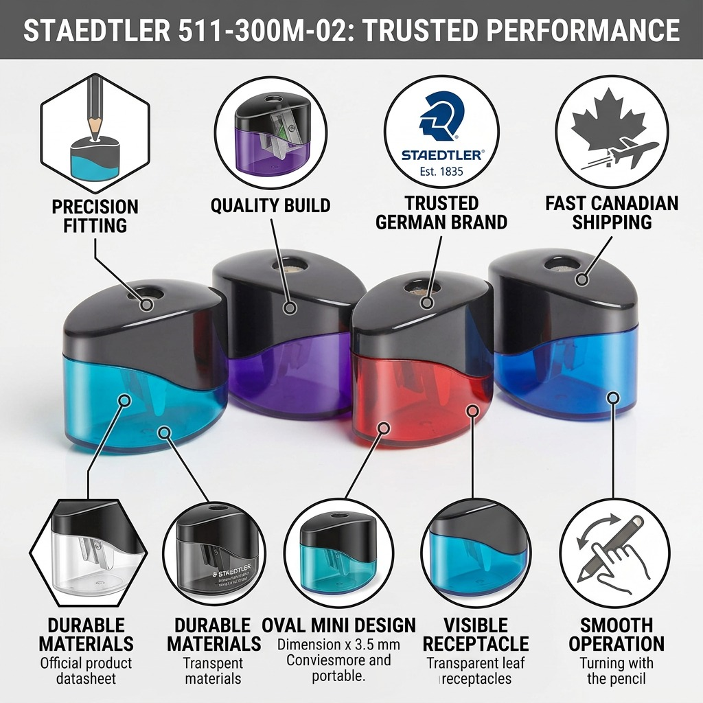 A 3x3 trust infographic showcasing STAEDTLER oval mini sharpeners and components, emphasizing quality, materials, and shipping.