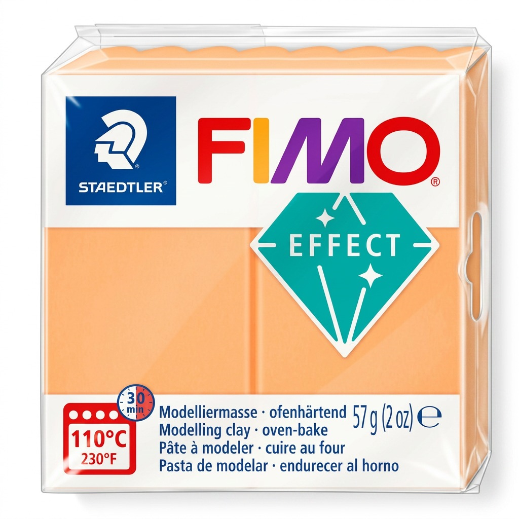 High-resolution hero shot of STAEDTLER FIMO Effect Neon Orange (57g) modelling clay on white.