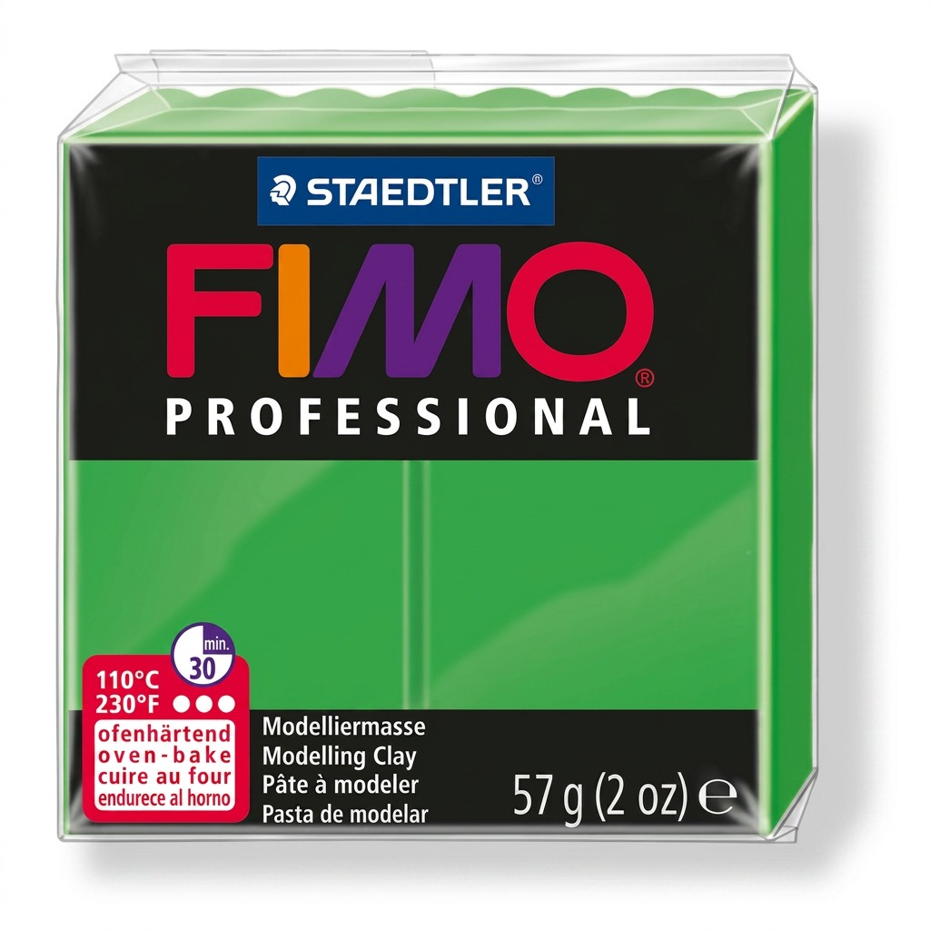 A pure, high-resolution hero shot of Staedtler Fimo Professional True Green 57g modeling clay, sharp and clean on a white background.