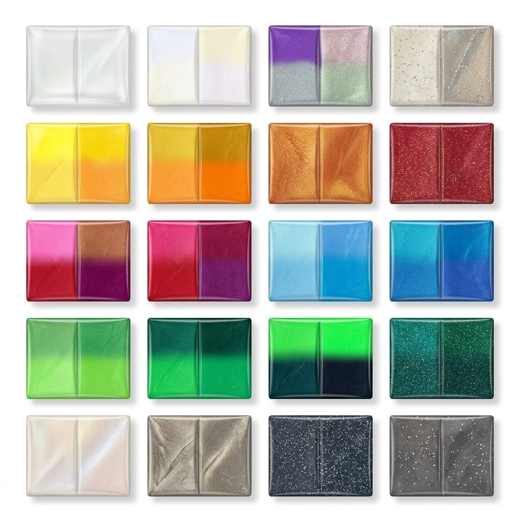 Close-up photo of various FIMO Effect polymer clay bars in assorted dynamic colors and textures against a pure white background.
