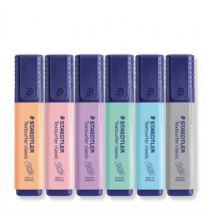 Pure hero shot of the 6-pack STAEDTLER Textsurfer Pastel Highlighters on a white background.