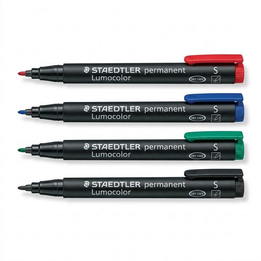 A cascading set of 4 Staedtler Lumocolor permanent markers (S tip) on a pure white background.