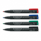 A cascading set of 4 Staedtler Lumocolor permanent markers (S tip) on a pure white background.