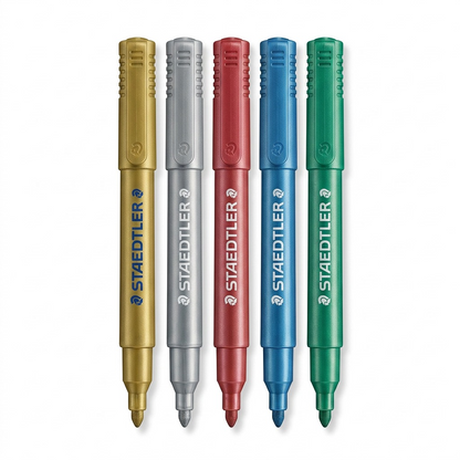 STAEDTLER metallic fibre-tip marker five-color set without packaging, grouped upright, on a white background.