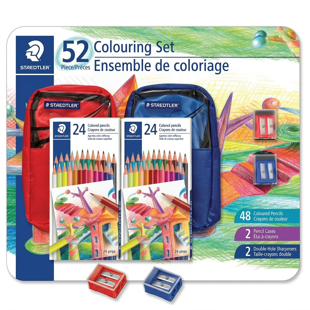 STAEDTLER 52-piece coloring set hero shot, showing red and blue cases, 48 pencils, and 2 sharpeners, on white background.
