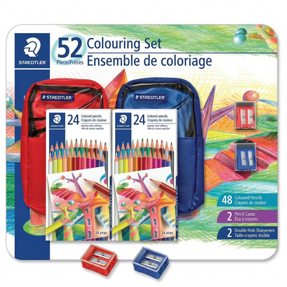 STAEDTLER 52-piece coloring set hero shot, showing red and blue cases, 48 pencils, and 2 sharpeners, on white background.