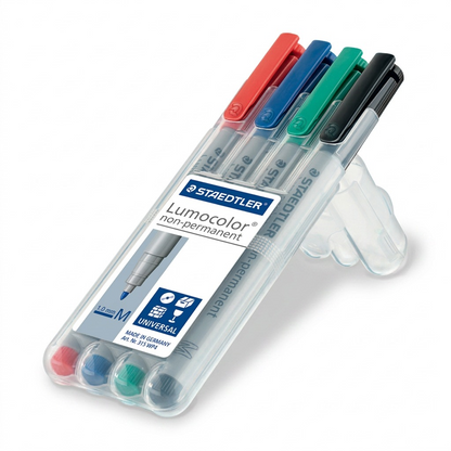 A high-resolution ecommerce hero shot of the STAEDTLER Lumocolor non-permanent marker set (315 WP4) in its clear case, centered against a pure white background.