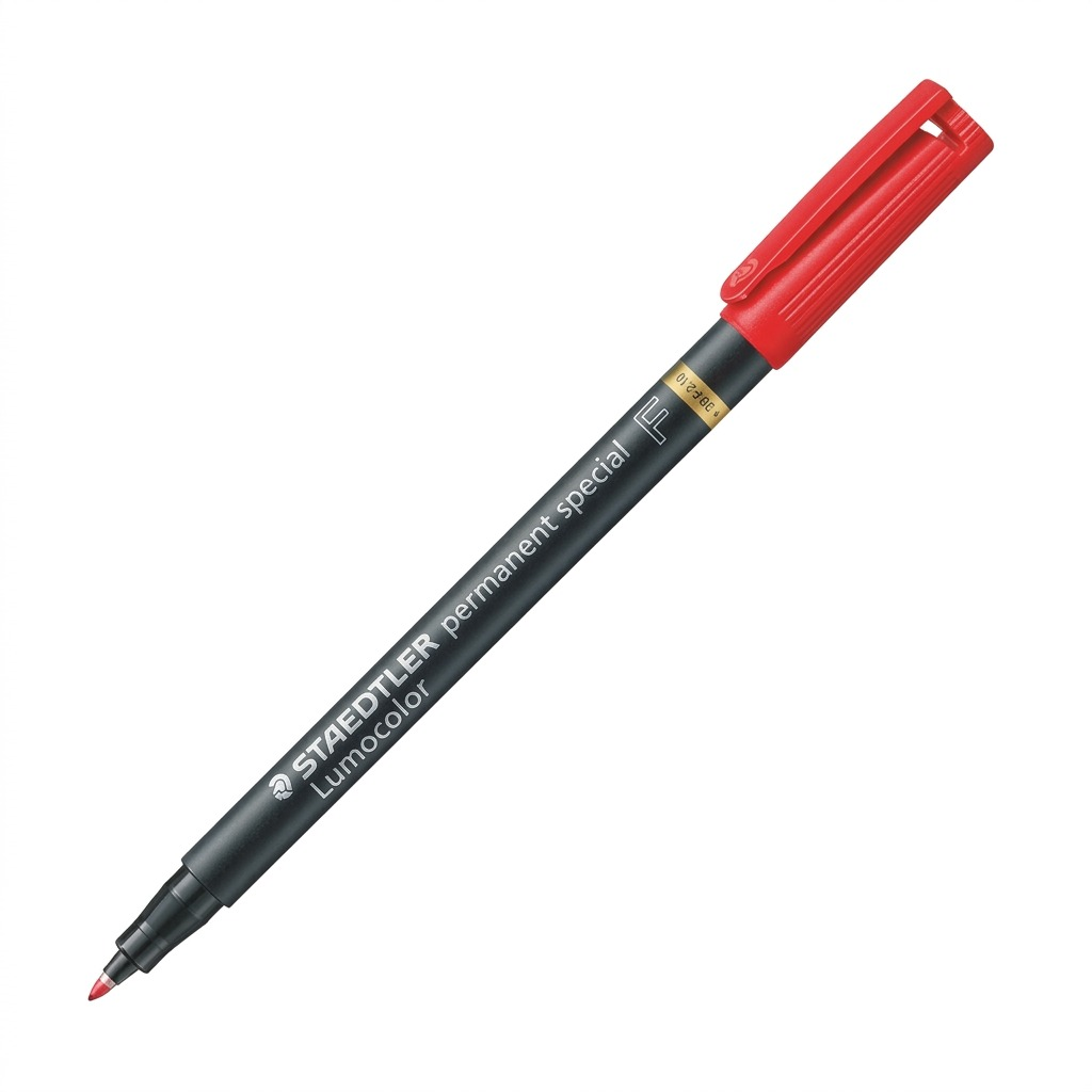 A crisp, centered ecommerce hero shot of the red STAEDTLER Lumocolor permanent special fine marker.