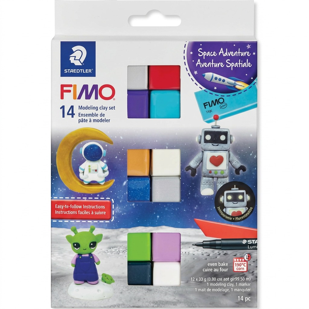 High-resolution hero shot of the STAEDTLER FIMO kids 'Space Adventure' modeling clay set, perfectly centered against a pure white background. The clean image shows the closed, detailed retail-ready package, preserving all original colors, graphic elements, and manufacturer markings including the 'STAEDTLER' and 'FIMO' logos. Sharp edges and a subtle, soft shadow provide a premium, e-commerce-ready presentation.