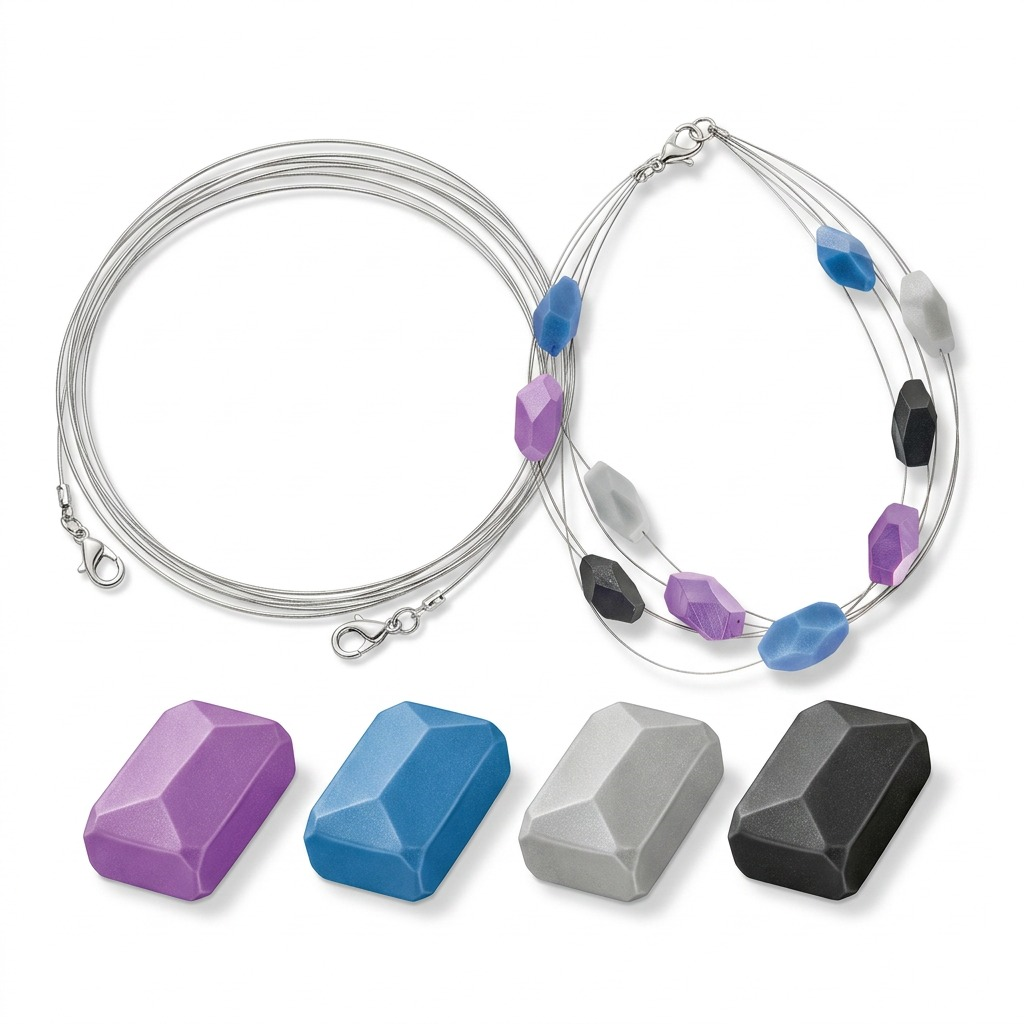 Pure hero shot of the STAEDTLER Fimo DIY Necklace kit (8025DIY8, UPC 4007817093276), showcasing the kit contents. The 4 blocks of clay with individual wrappers, the multi-strand wire neck rings with the clasps and the finished multi-gemstone styled jewelry piece itself. Set against a pure white background with a clean shadow. High-resolution ecommerce photo with accurate materials.