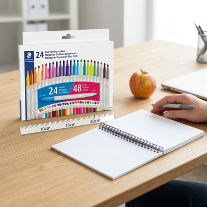 A photograph of the STAEDTLER markers in their original cardboard packaging against an office desk, showing their size relative to a computer keybord and mug.