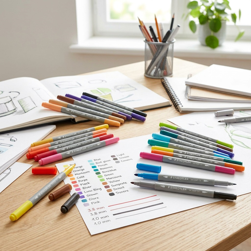 Lifestyle image demonstrating how the 24 double-ended STAEDTLER markers provide 48 colors in a natural, creative workspace.