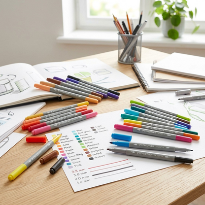 Lifestyle image demonstrating how the 24 double-ended STAEDTLER markers provide 48 colors in a natural, creative workspace.