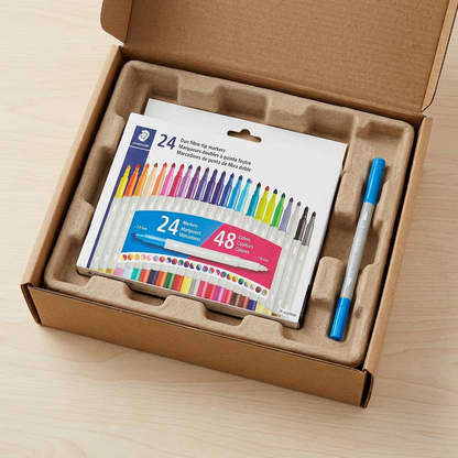 Unboxing a STAEDTLER 24pc marker set in a shipping box with protective padding.
