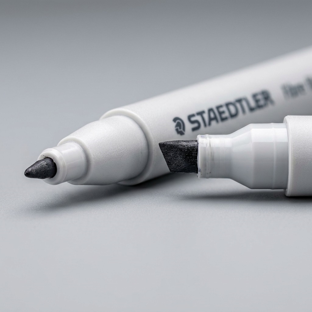 Macro close-up shot of a single marker barrel showing finely printed manufacturer logo and barrel markings.