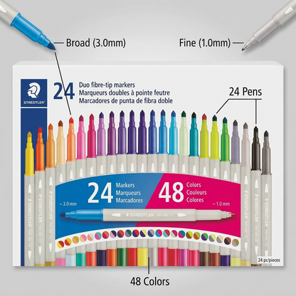 Factual feature callout and product data visualization for a 24-piece STAEDTLER Double-ended twin color marker set.