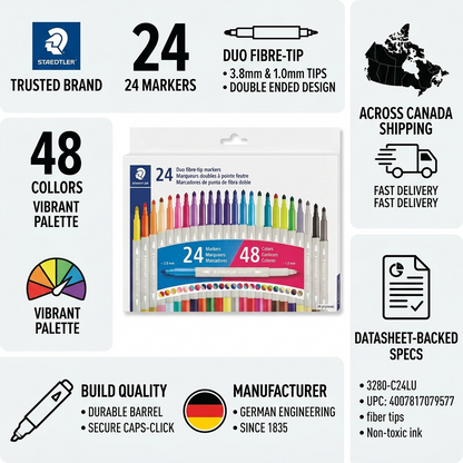 A PDF visual matrix featuring the 24 STAEDTLER Double-ended markers set with key features, specs, and Canadian shipping info.