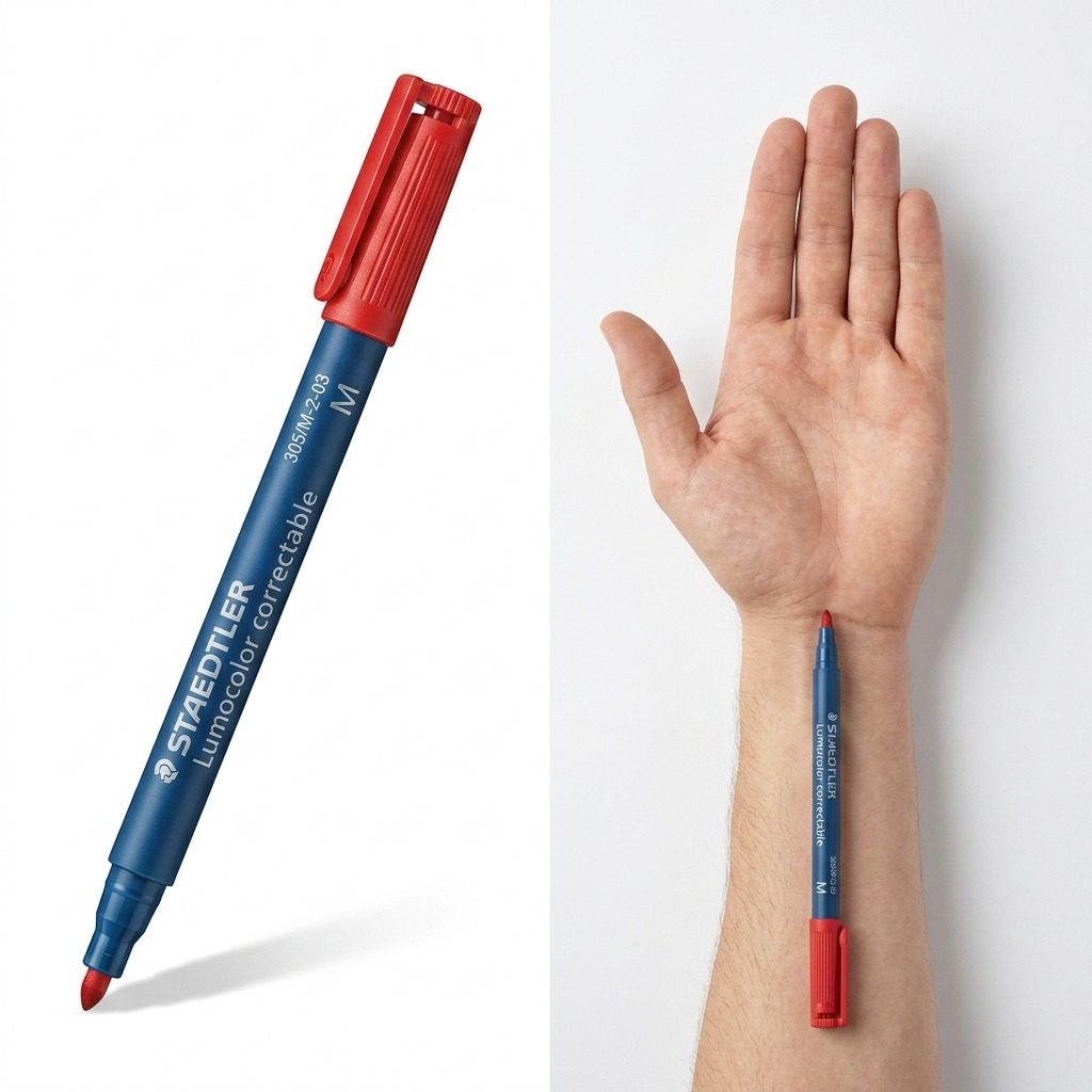 STAEDTLER Lumocolor M marker shown in use against a realistic human hand for size context