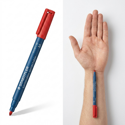 STAEDTLER Lumocolor M marker shown in use against a realistic human hand for size context