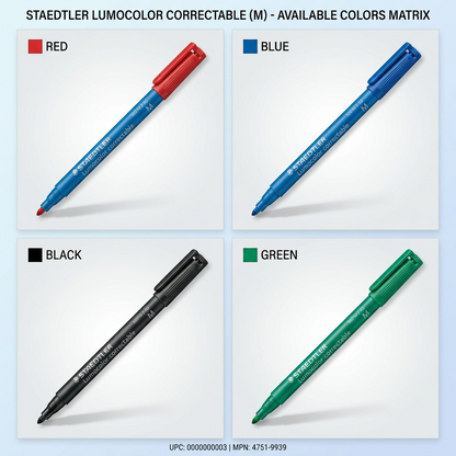 A 2x2 matrix showcasing red, blue, black, and green STAEDTLER Lumocolor markers on a neutral background.