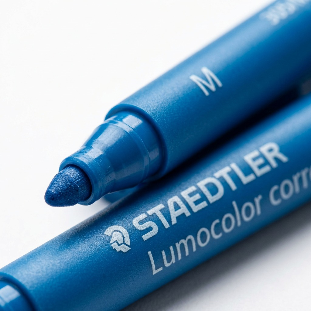 Extreme close-up macro photograph focusing on the medium-point fiber tip of a blue Staedtler Lumocolor correctable marker.