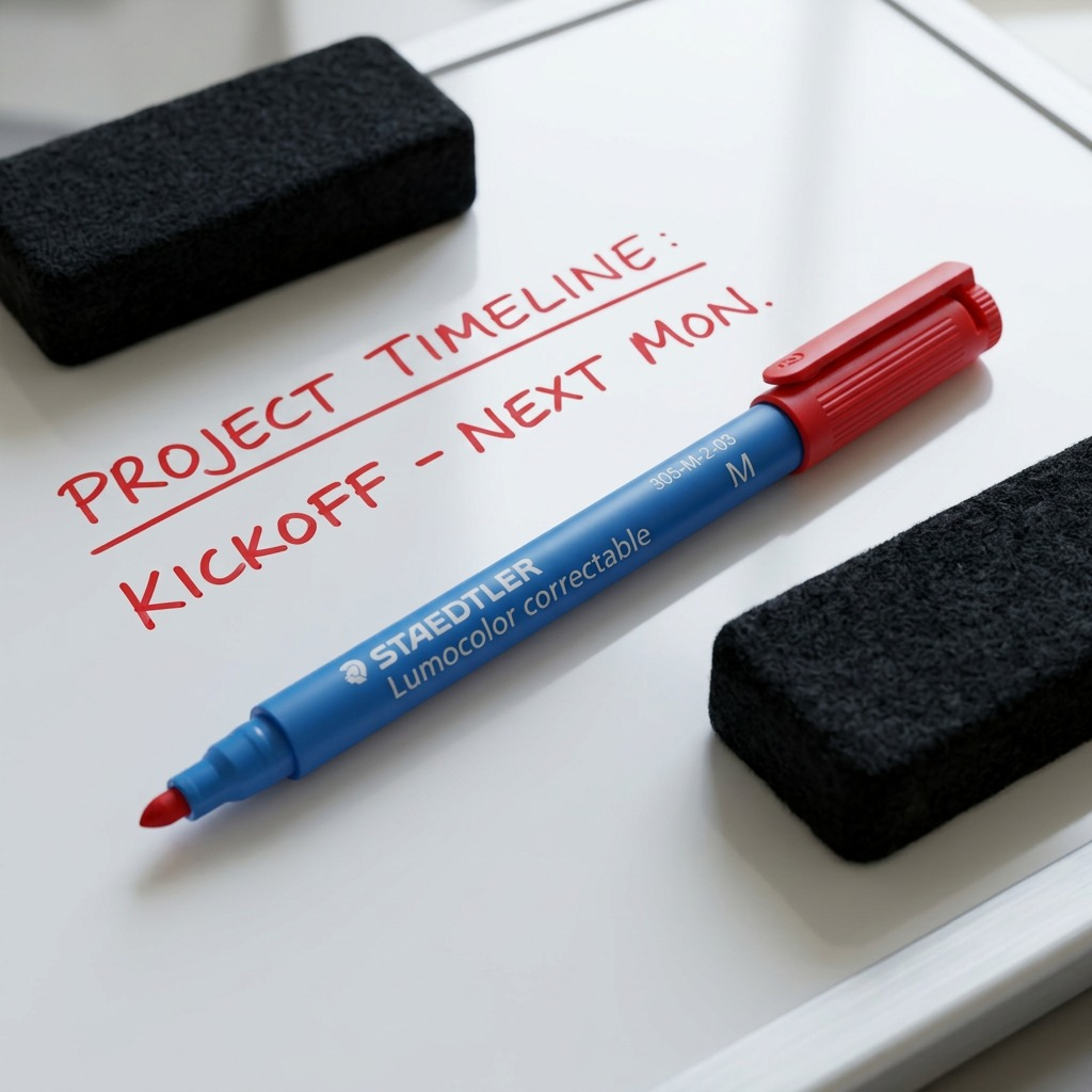 A close-up photograph of a STAEDTLER Lumocolor M marker for whiteboard use.