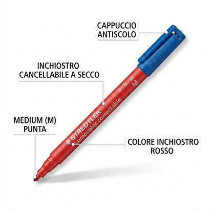 A product visualization for the Staedtler Lumocolor correctable marker (MPN: 305-M-2-03) with annotated callouts in both English and Italian highlighting key features: dry-wipe erasable ink, red ink color, medium point, and anti-roll cap.