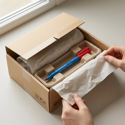 Premium unboxing scene showing a protected STAEDTLER Lumocolor correctable marker in neutral packaging.