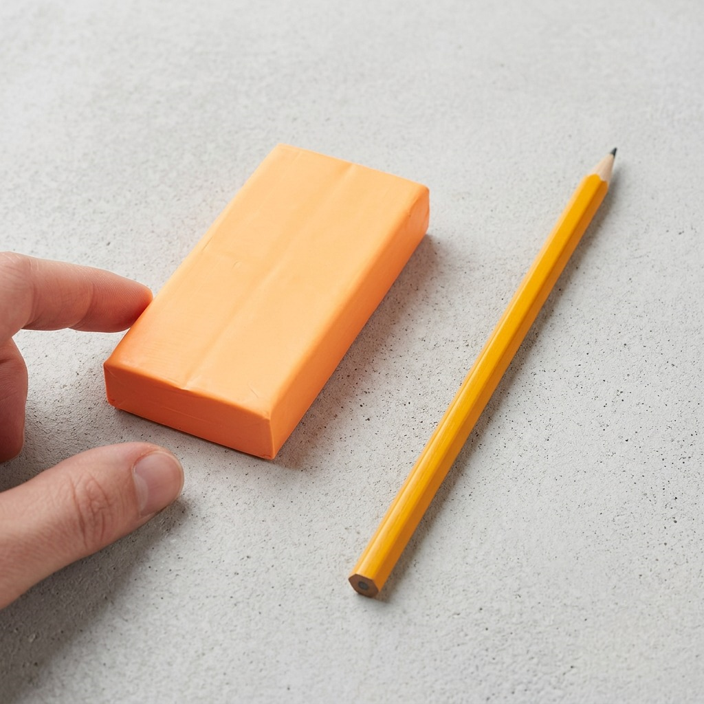 Scale visual: A 57g FIMO Effect Neon Orange brick beside a classic wooden pencil on a textured grey desk.