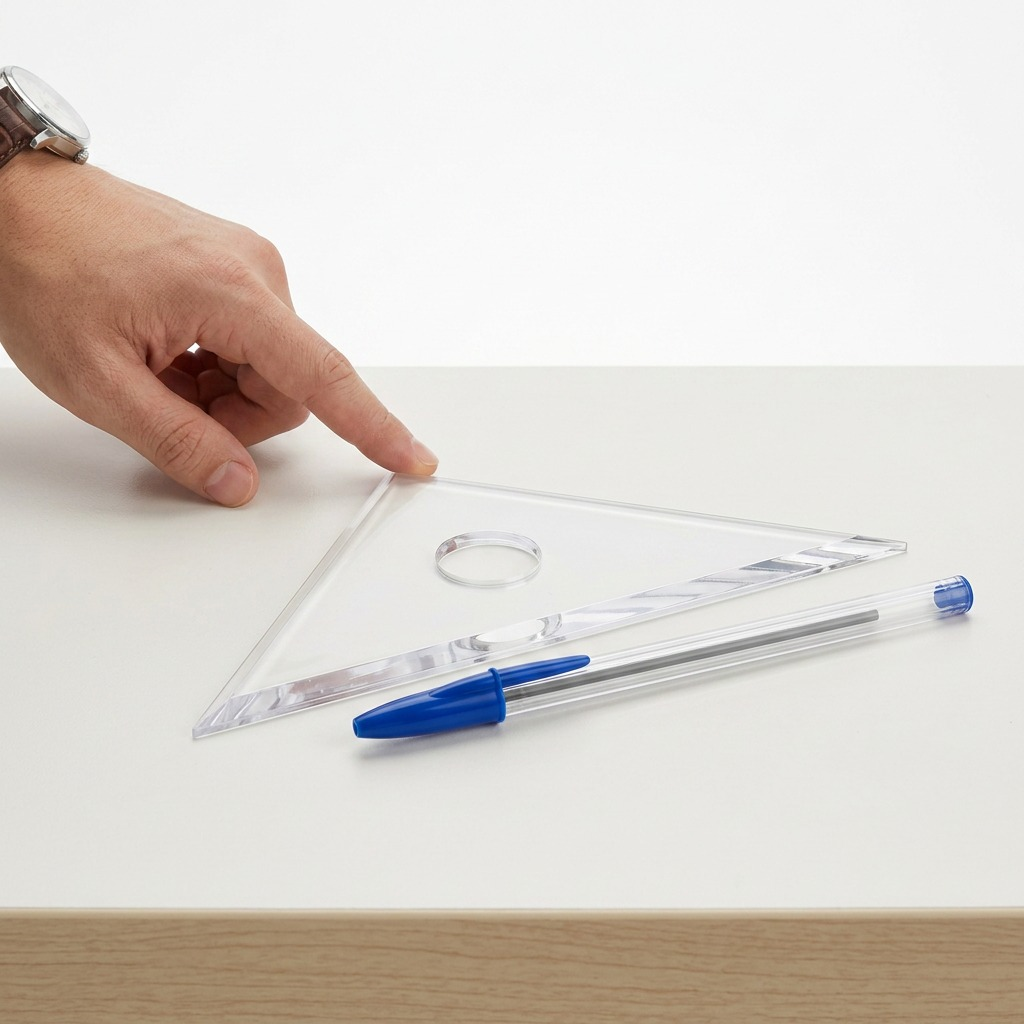 A hand pointing at a clear STAEDTLER set square with a ballpoint pen for size reference on a desk.