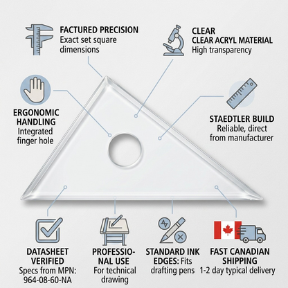 Infographic for STAEDTLER set square highlighting precision, clear material, ergonomic build, standard ink edges, verified specs, and fast shipping.