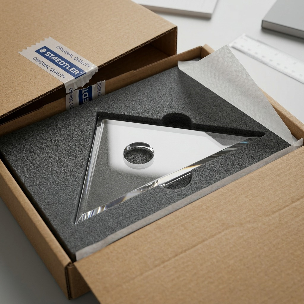 Alt text: A clear acrylic STAEDTLER set square safely unboxed from protective foam packaging.