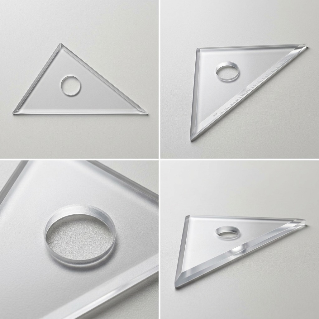 A product list image matrix of the clear acryl set square tool from multiple angles and details.